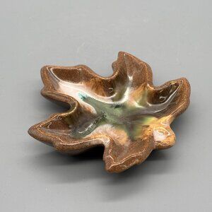 Vintage Leaf Ceramic Dish Mid Century Glaze Pin Tray Brown Drip Ashtray